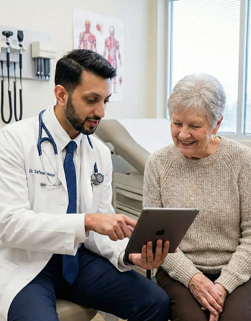 Dr. Safwan Moton consulting with a patient in a clinical setting